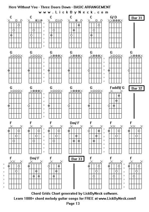 Chord Grids Chart of chord melody fingerstyle guitar song-Here Without You - Three Doors Down - BASIC ARRANGEMENT,generated by LickByNeck software.